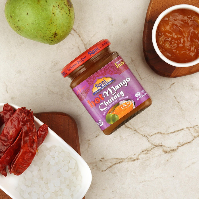 Rani Hot Mango Chutney (Spicy Indian Preserve) 12.3oz (350g) Glass Jar, Pack of 2, Ready to eat, Vegan ~ Gluten Free, All Natural, NON-GMO, Kosher