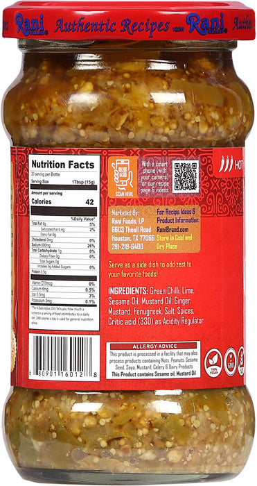 Rani Green Chilli Pickle Hot (Achar, Spicy Indian Relish) 10.5oz (300g)  ~ Glass Jar, Natural | Vegan | Gluten Free | NON-GMO | Kosher | No Colors