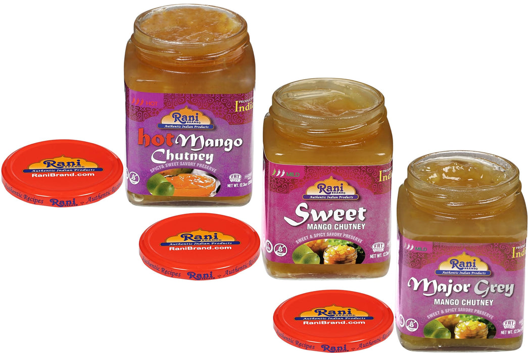 Rani 3-in-1 Mango Chutney (Hot, Sweet, Major Grey) 12.3oz (350g) Glass Jar, Ready to eat, Vegan ~ Gluten Free, All Natural, NON-GMO, Kosher