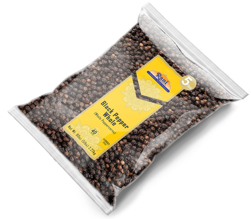 Rani Black Pepper Whole (Peppercorns), Premium Bold Tellicherry Quality 80oz (5lbs) 2.27kg Bulk ~ All Natural | Gluten Friendly | Non-GMO | Kosher | Product of Vietnam | Perfect size for Grinders!
