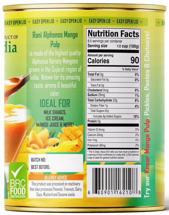 Rani Mango Pulp Puree (Makes Mango Lassi Shakes) Alphonso Sweetened 30oz (1.875lbs) 850g Pack of 18 ~ Kosher | All Natural | NON-GMO | Vegan | No colors | Gluten Friendly | Indian Origin