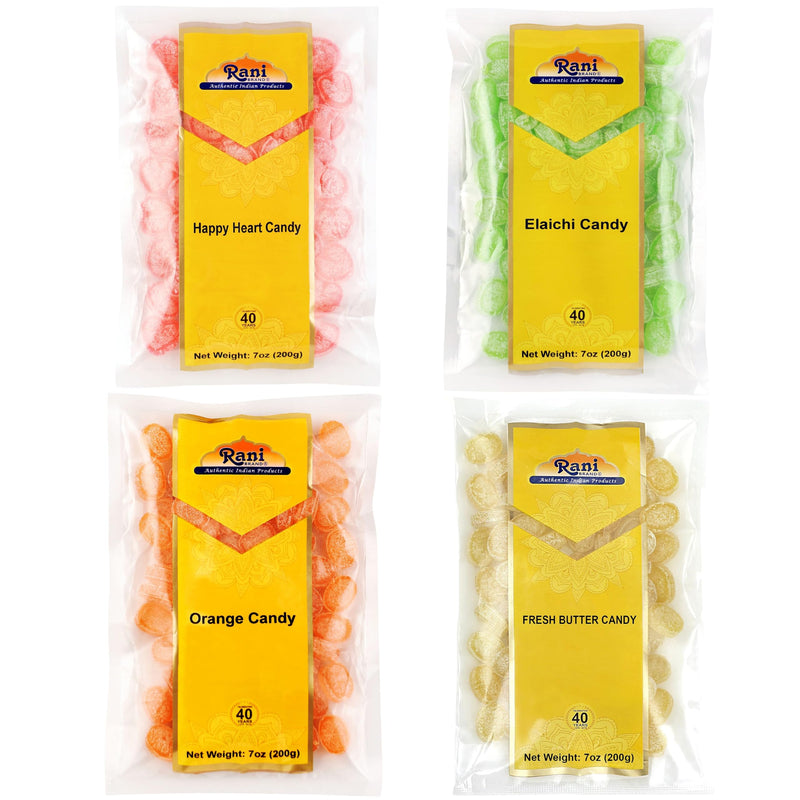 Rani Assorted Candies 7oz (200g) Pack of 4, Fresh Butter, Orange, Elaichi, Happy Heart Candy ~ Indian Tasty Treats | Vegan | Gluten Friendly | NON-GMO | Indian Origin