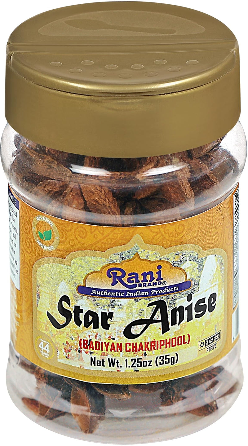 Rani Star Anise Seeds, Whole Pods (Badian Khatai) Spice 1.25oz (35g) PET Jar ~ All Natural | Gluten Friendly | Kosher | Vegan | Whole Chinese Anise Star Sun Dried Spice, Anis Estrella / Illicium Verum, Widely Used for Baking, Drinks, Cooking, and Tea