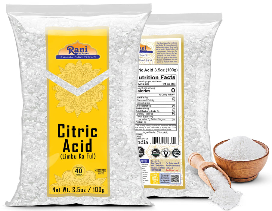 Rani Citric Acid Powder, Food Grade (Limbu Ka Ful) 3.5oz (100g) ~ Used for Cooking, Bath Bombs, Cleaning | Gluten Friendly | Kosher | Indian Origin