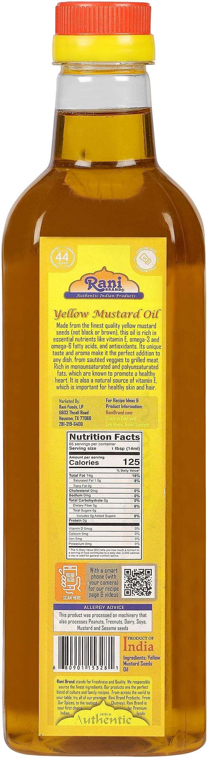 Rani Yellow Mustard Oil (Kachi Ghani) 33.8 Ounce (1 Liter) NON-GMO | Gluten Free | Kosher | Vegan | 100% Natural