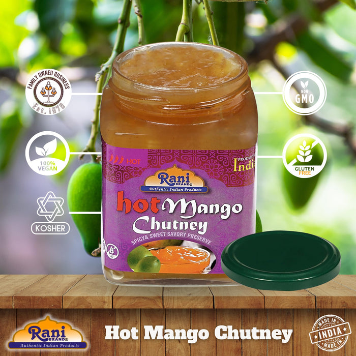 Rani Hot Mango Chutney (Spicy Indian Preserve) 12.3oz (350g) Glass Jar, Ready to eat, Vegan ~ Gluten Free, All Natural, NON-GMO, Kosher