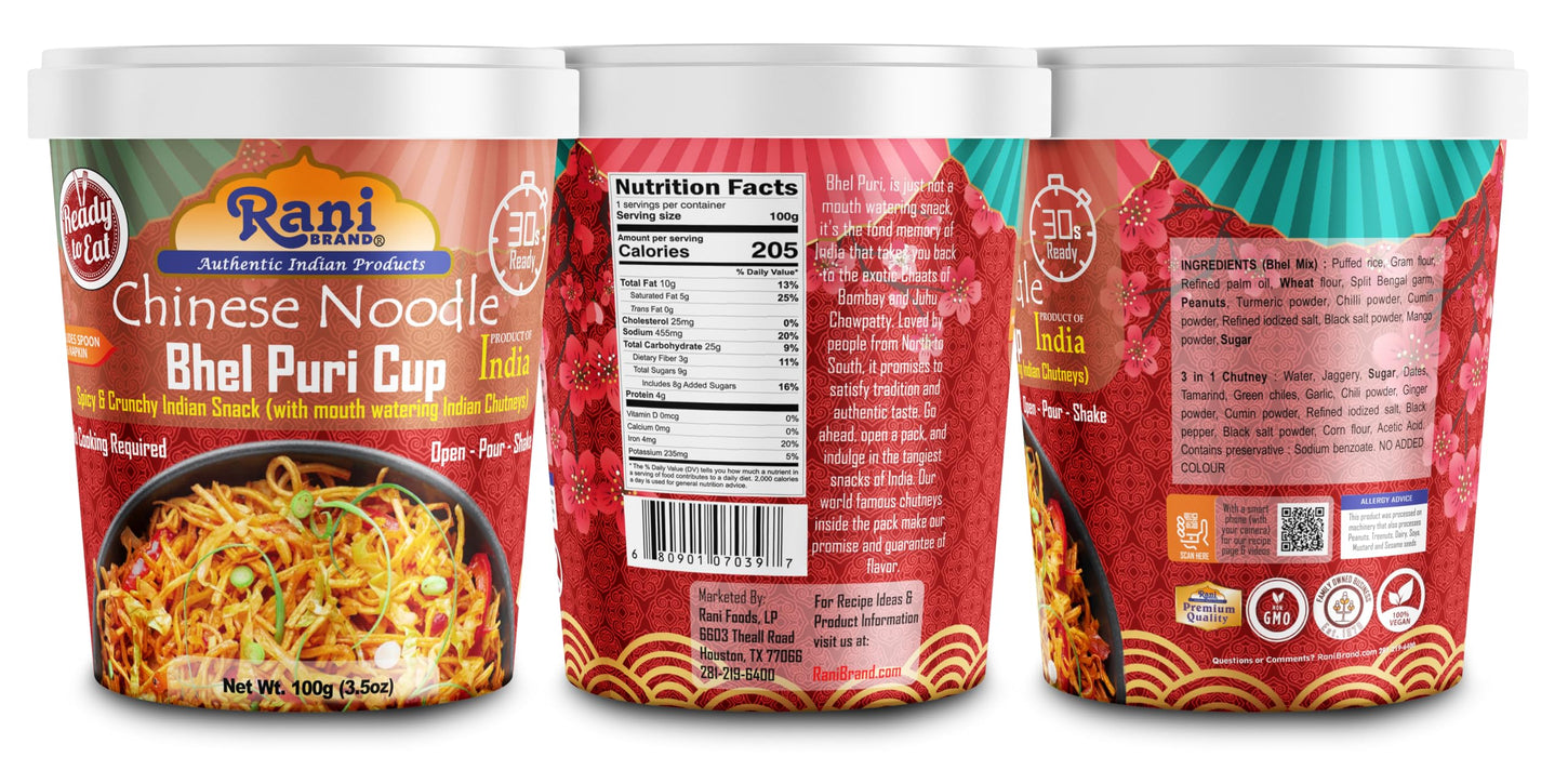 Rani Chinese Noodle Bhel Puri Cup (Spicy & Crunchy Indian Snack w/mouth watering Indian Chutneys) 3.5oz (100g), Pack of 4 ~ Ready to Eat | Vegan | NON-GMO | Indian Origin
