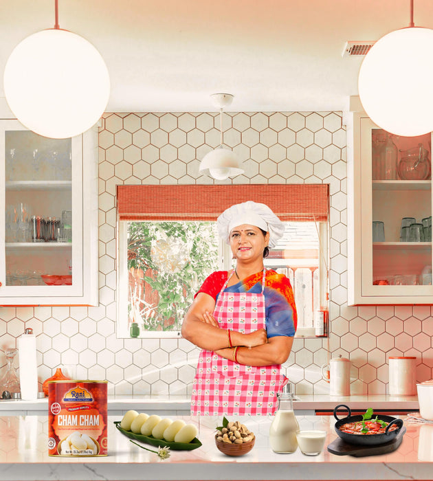 Rani Cham Cham (Oval-shaped Bengali Sweet) 35.3oz (2.2lbs) 1kg, Approximately 14 pieces, Easy Open Lid ~ Ready to eat | Gluten Free | Non-GMO | Kosher | Indian Origin