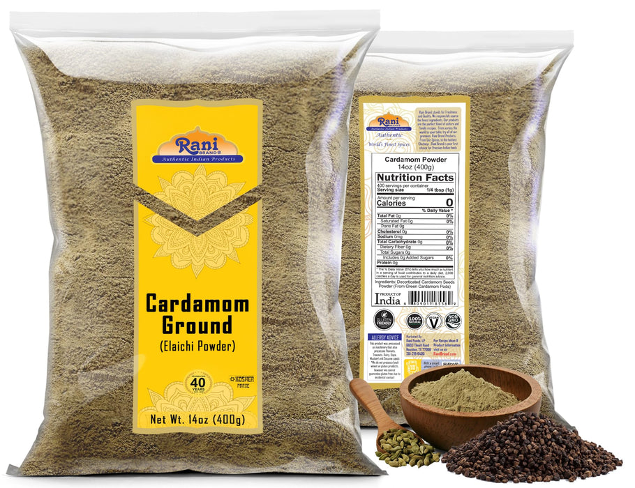 Rani Cardamom (Elachi) Ground, Powder Indian Spice 14oz (400g) ~ All Natural | No Color Added | Gluten Friendly | Vegan | NON-GMO | Kosher | No Salt or Fillers