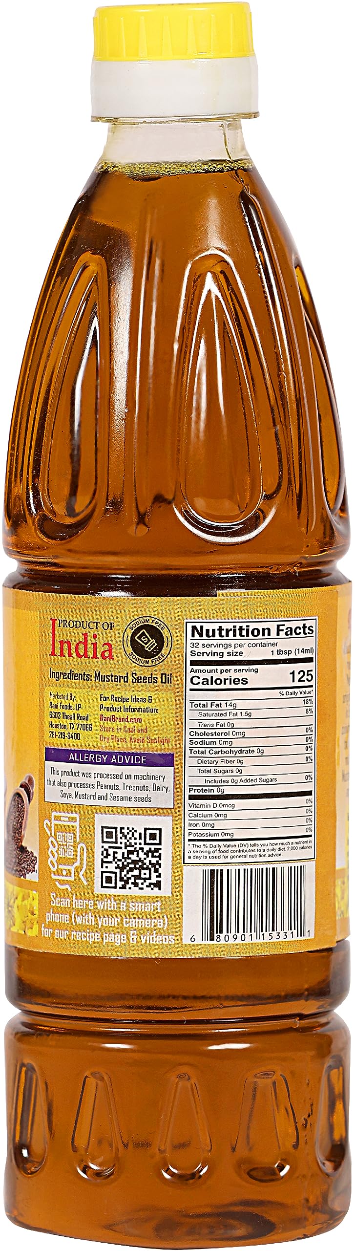Rani Mustard Oil (Kachi Ghani) 16.9 Ounce (500ml) NON-GMO| Kosher | Gluten Free | Vegan | 100% Natural