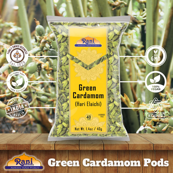 Rani Green Cardamom Pods Spice (Hari Elachi) 1.4oz (40g) ~ All Natural | Vegan | Gluten Friendly | NON-GMO | Kosher | Product of India