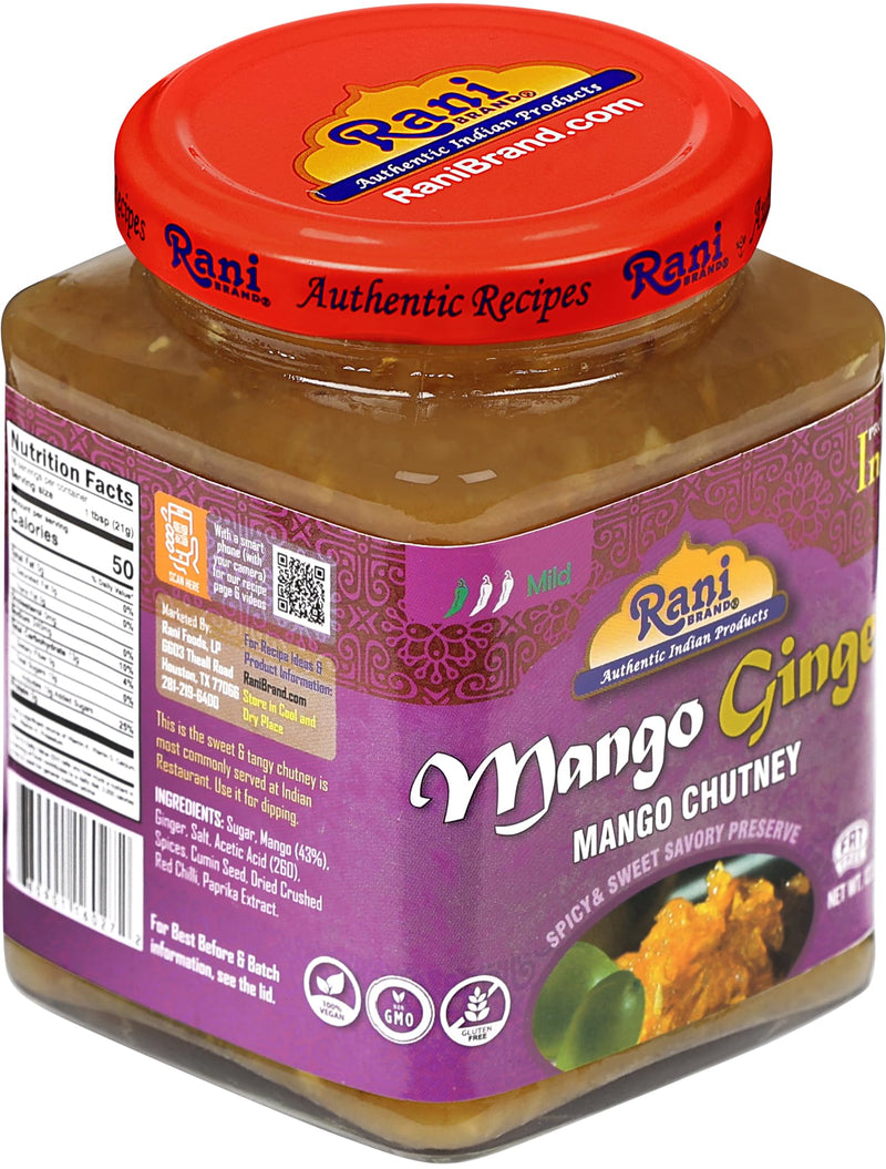 Rani Mango & Ginger Chutney (Indian Preserve) 10.5oz (300g) Glass Jar, Ready to eat, Vegan ~ Gluten Free Ingredients, All Natural, NON-GMO
