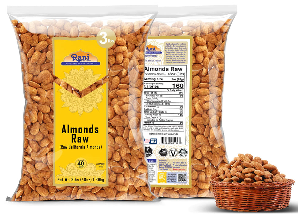 Rani Almonds, Raw Whole With Skin 48oz (3lbs) 1.36kg Bulk ~ All Natural | Vegan | Kosher | Gluten Friendly | Fresh Product of USA ~ California Shelled Almonds