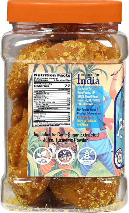 Rani Haldi Gur (Turmeric with Indian Jaggery) Indian Unrefined Raw Cane Sugar 17.5oz (1.1lbs) 500g PET Jar ~ Gluten Friendly | Vegan | NON-GMO | Kosher | No Salt or fillers | Indian Product