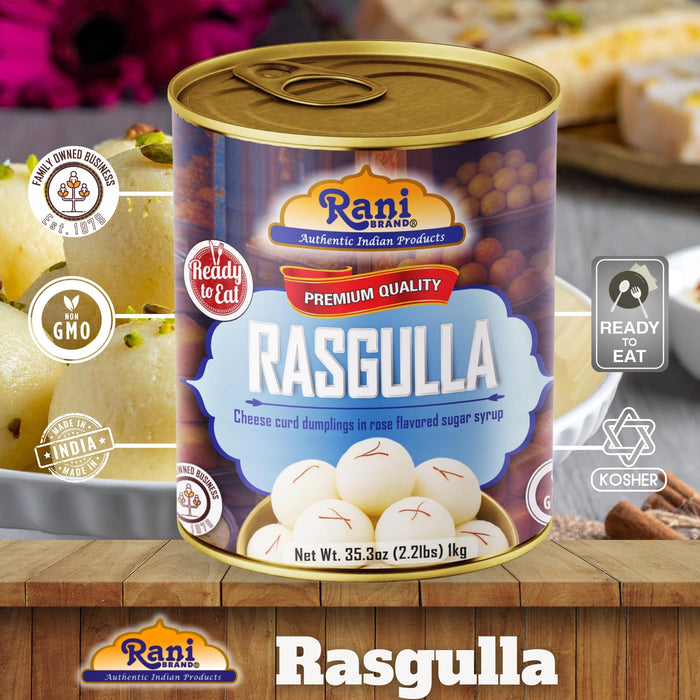 Rani Rasgulla (Cheese Curd Dumplings in Rose Flavor) 35.3oz (2.2lbs) 1kg Pack of 18, Approximately 14 pieces, Easy Open Lid ~ Ready to eat | Gluten Free | Non-GMO | Kosher | Indian Origin