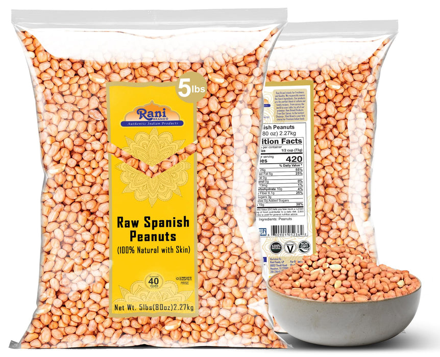 Rani Raw Spanish Peanuts 100% Natural with Skin (uncooked, unsalted) 80oz (5lbs) 2.27kg Bulk ~ Vegan | Gluten Friendly | Fresh Product of USA | Kosher | Red-brown Skin