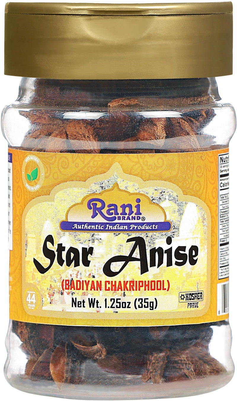 Rani Star Anise Seeds, Whole Pods (Badian Khatai) Spice 1.25oz (35g) PET Jar ~ All Natural | Gluten Friendly | Kosher | Vegan | Whole Chinese Anise Star Sun Dried Spice, Anis Estrella / Illicium Verum, Widely Used for Baking, Drinks, Cooking, and Tea