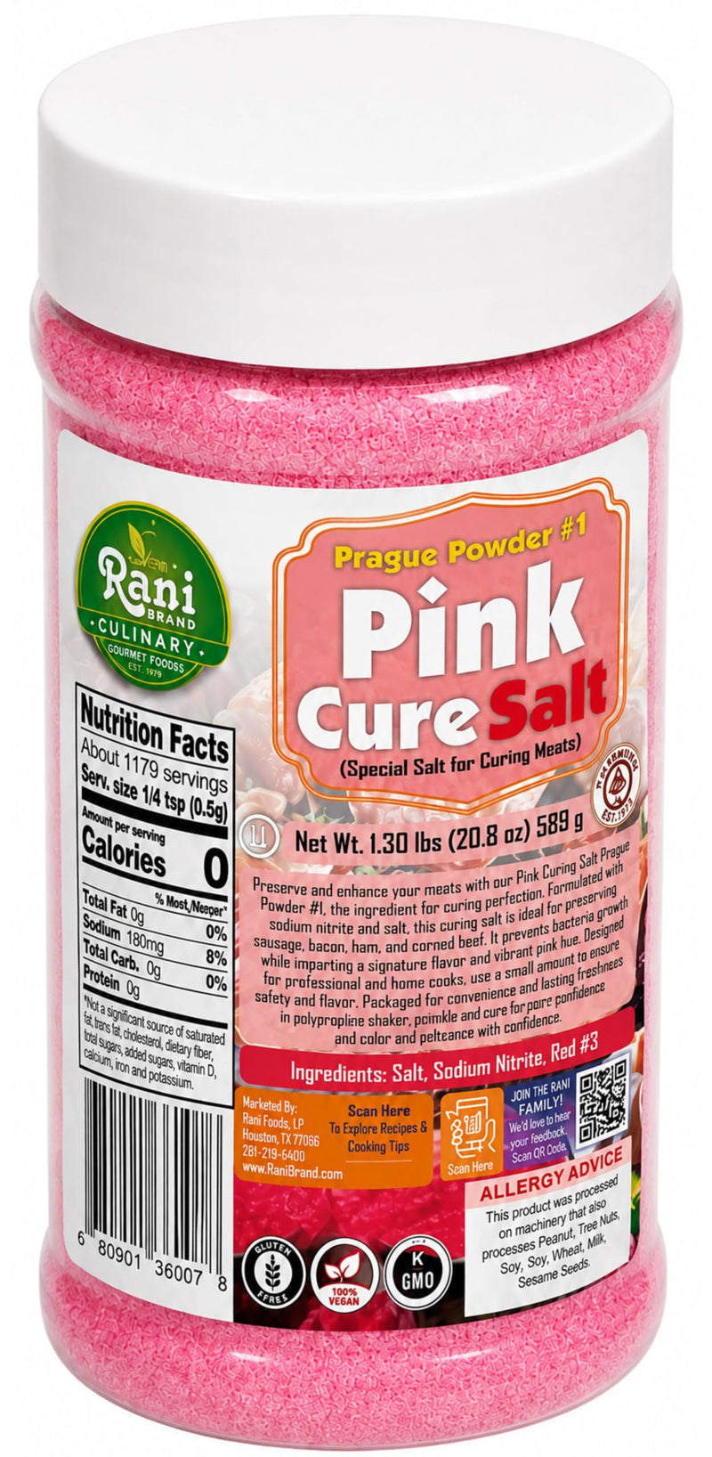 Rani Pink Cure Salt (Special Salt for Curing Meats) 20.8oz (1.3lbs) 589g PET Jar ~ Gluten Free | NON-GMO | Kosher | Vegan | Product of USA