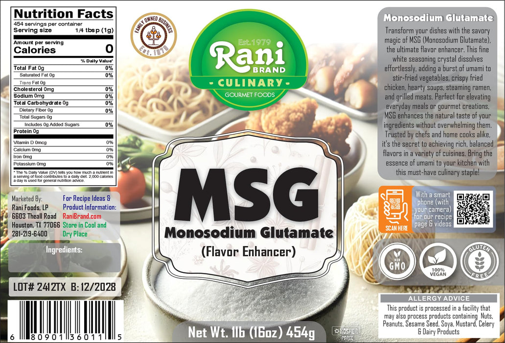 Rani MSG (Monosodium Glutamate) 16oz (1lb) 454g PET Jar ~ Flavor Enhancer, Umami Seasoning, Perfect for stir-frying, roasting, soups | Gluten Friendly | Vegan | NON-GMO | Kosher | Indian Origin