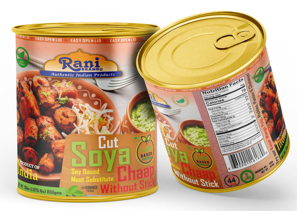 Rani Cut Soya Chaap Whitout Stick (Plant Based Protein) 30oz (1.875lbs) 850g Pack of 18 ~ Easy Open Lid | All Natural | Vegan | No Colors | NON-GMO | Kosher | Indian Origin | Soy Based Meat Substitute