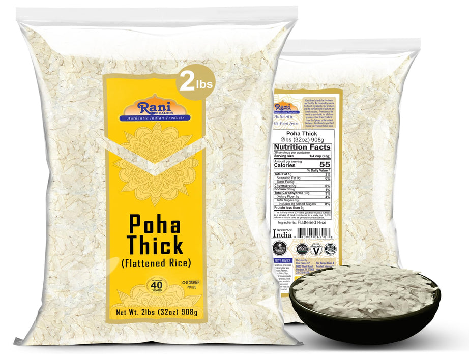 Rani Poha (Powa) Thick Medium-Cut (Flattened Rice) 32oz (2lbs) 908g ~ All Natural, Salt-Free | Vegan | Kosher | No Colors | Gluten Friendly | Indian Origin