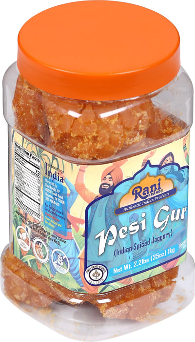 Rani Pesi Gur (Jaggery) Indian Unrefined Raw Cane Sugar 35oz (2.2lbs) 1kg PET Jar ~ Gluten Friendly | Vegan | NON-GMO | Kosher | No Salt or fillers | Indian Product