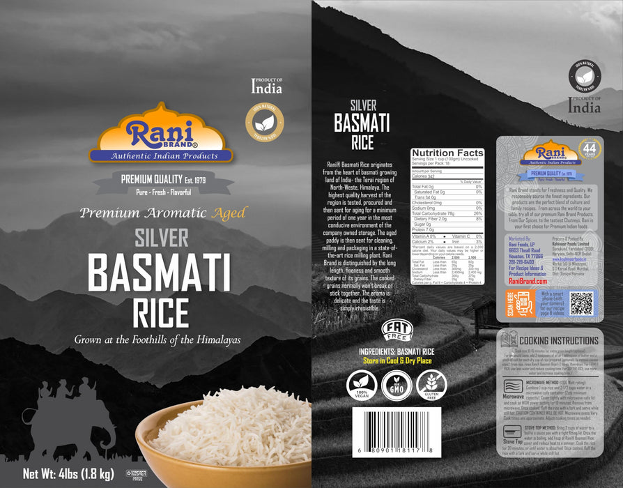 Rani Silver White Basmati Rice Extra Long Aged 4-Pound Bag, 4lbs (64oz) 1.81kg ~ All Natural | Gluten Friendly | Vegan | Indian Origin | Kosher | Export Quality