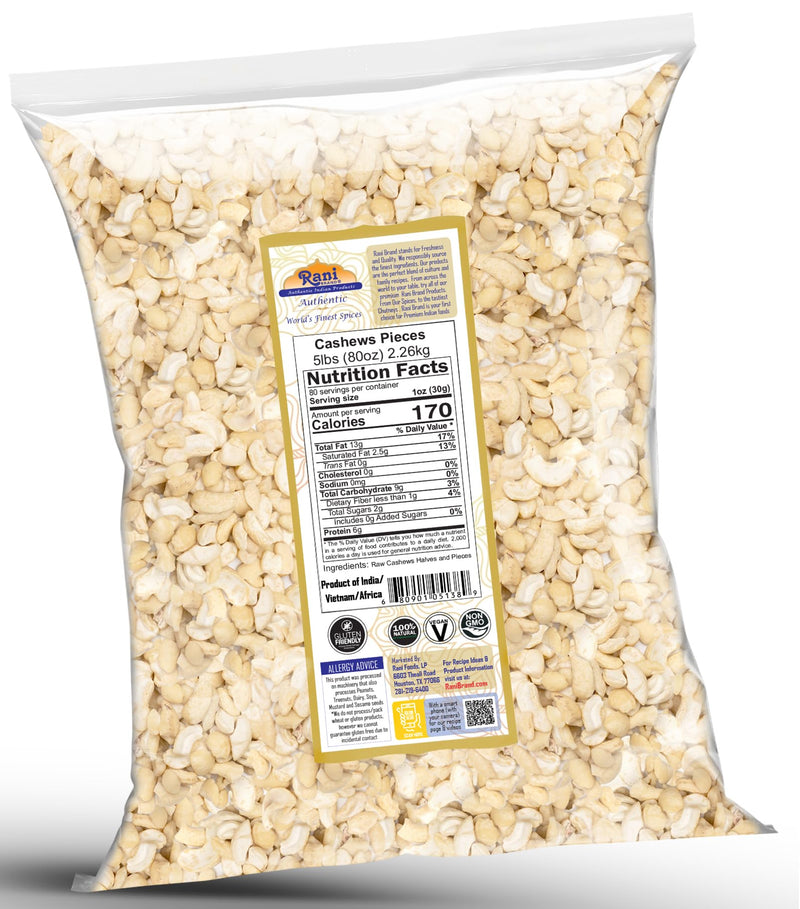 Rani Raw Cashews Halves and Pieces (uncooked, unsalted) 80oz (5lbs) 2.27kg Bulk ~ All Natural, No Preservatives | Vegan | NON-GMO | Kosher | Gluten Friendly