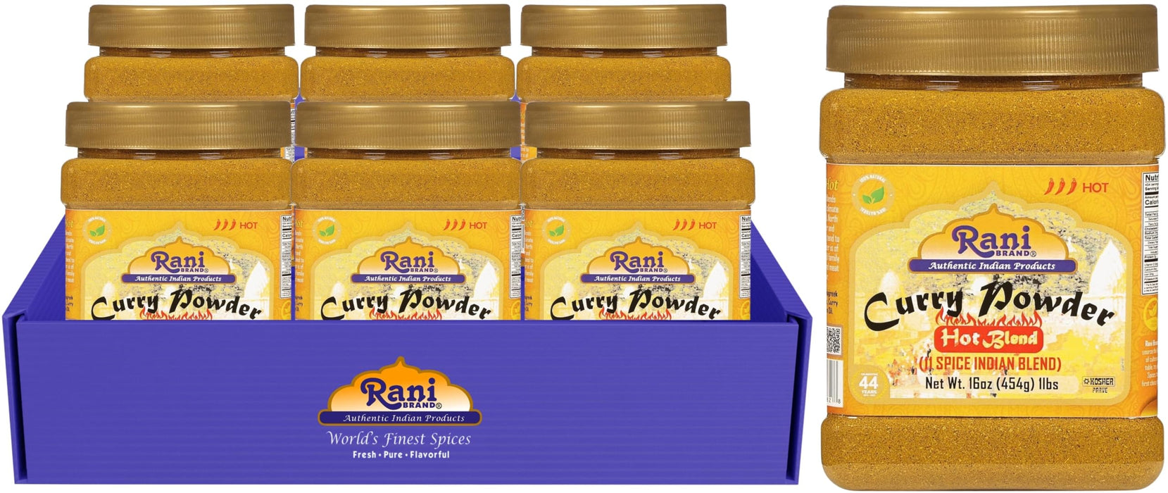 Rani Curry Powder Hot (11-Spice Authentic Indian Blend) 16oz (1lb) 454g PET Jar, Pack of 6 ~ All Natural | Salt-Free | Vegan | No Colors | Gluten Friendly | NON-GMO | Kosher | Indian Origin