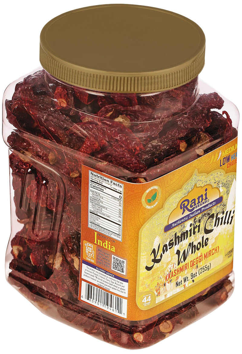 Rani Kashmiri Chilli Whole Stemless (Deggi Mirch, Low Heat) 9oz (255g) PET Jar ~ Natural | Salt-Free | Vegan | No Colors | Gluten Friendly | NON-GMO | Kosher | Indian Origin