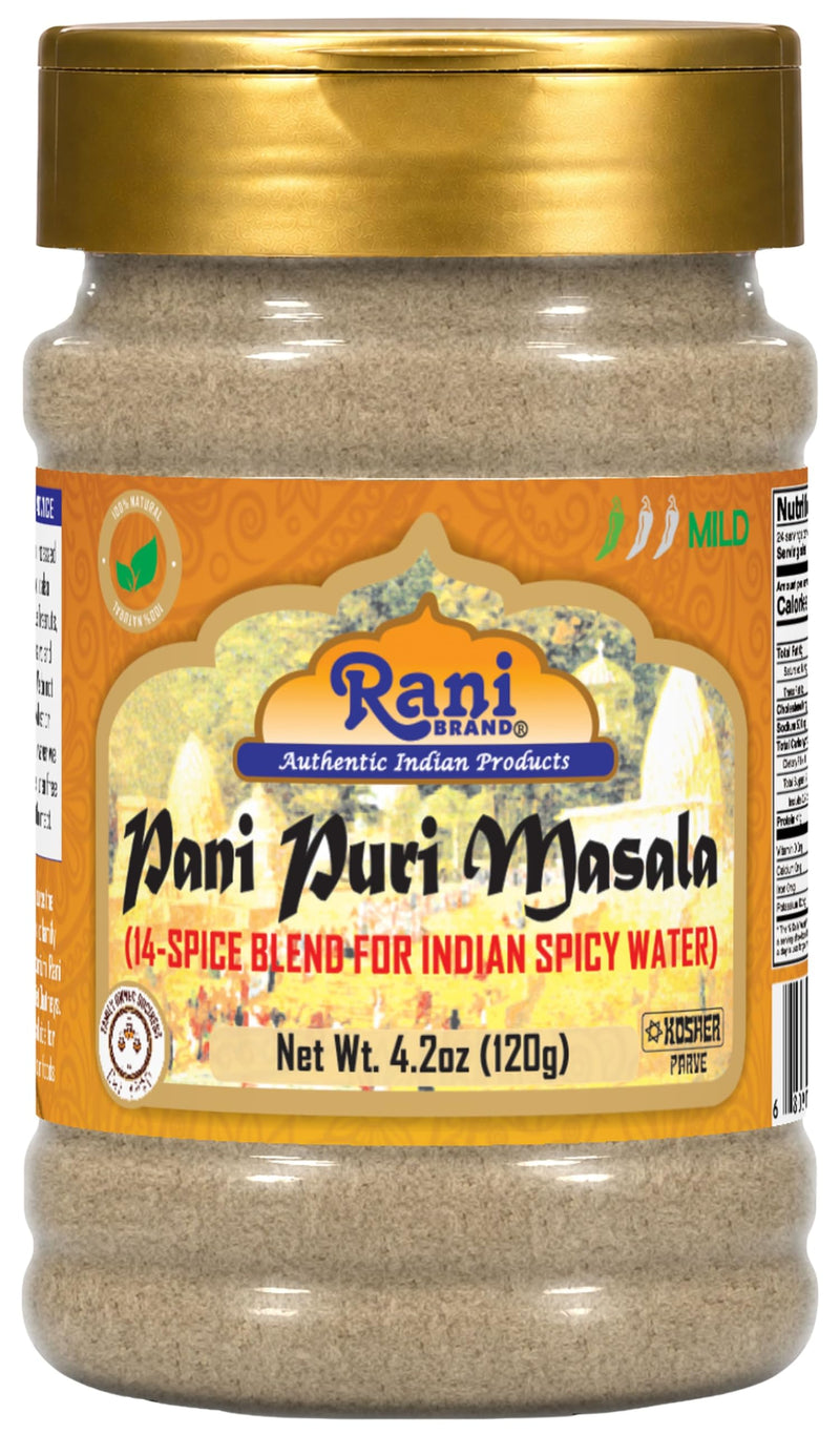 Rani Pani Puri Masala (14-Spice Blend for Indian Spicy Water) 4.2oz (120g) PET Jar ~ All Natural | Vegan | No Colors | Gluten Friendly | NON-GMO | Kosher | Indian Origin, gol gappa
