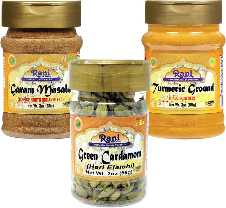 Rani Garam Masala 3oz (85g), Green Cardamom Pods 2oz (56g),Turmeric Powder 3oz (85g) PET Jar Combo Pack of 3 ~ All Natural | 100% Pure, Salt Free | Vegan | Gluten Friendly | NON-GMO | Indian Origin