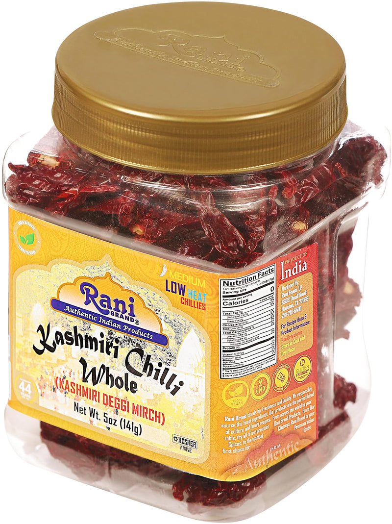 Rani Kashmiri Chilli Whole Stemless (Deggi Mirch) 5oz (141g) PET Jar ~ Natural | Salt-Free | Vegan | Gluten Friendly | Kosher | NON-GMO