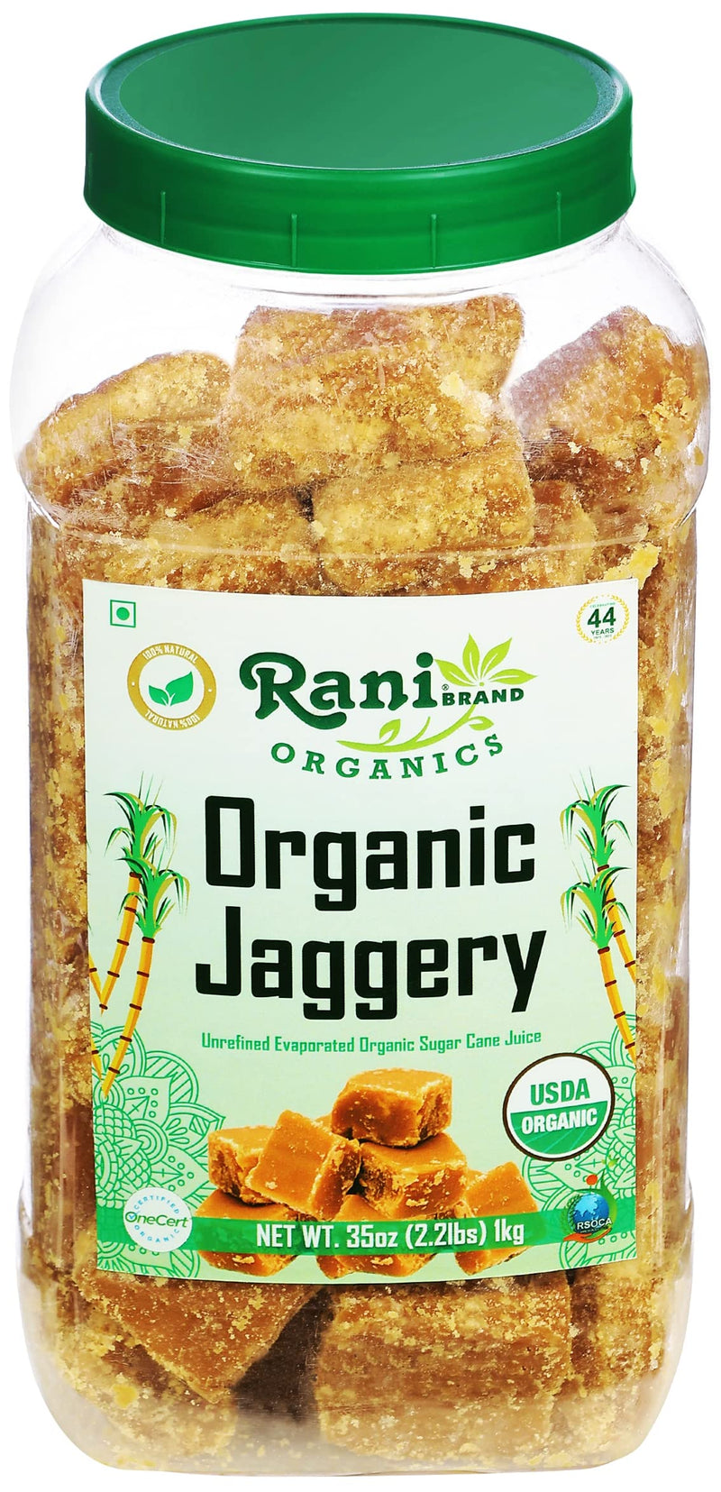 Rani Organic Jaggery (Unrefined Evaporated Organic Sugar Cane Juice) 35oz (2.2lbs) 1kg PET Jar ~ Gluten Friendly | Vegan | NON-GMO | No Salt or fillers | Indian Product | USDA Certified Organic