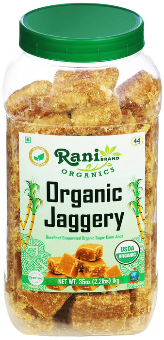 Rani Organic Jaggery (Unrefined Evaporated Organic Sugar Cane Juice) 35oz (2.2lbs) 1kg PET Jar ~ Gluten Friendly | Vegan | NON-GMO | No Salt or fillers | Indian Product | USDA Certified Organic