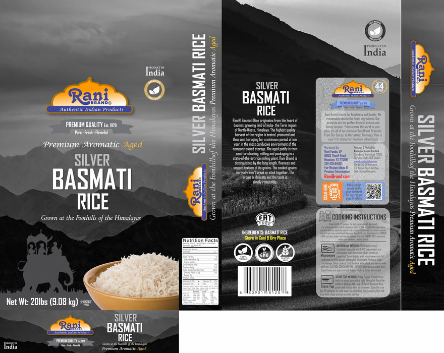 Rani Silver White Basmati Rice Extra Long Aged 20-Pound Bag, 320oz (20lbs) 9.08kg ~ All Natural | Gluten Friendly | Vegan | Indian Origin | Kosher | Export Quality