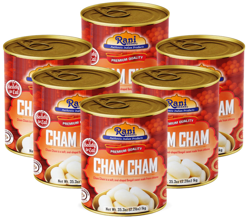 Rani Cham Cham (Oval-shaped Bengali Sweet) 35.3oz (2.2lbs) 1kg, Pack of 6, Approximately 14 pieces, Easy Open Lid ~ Ready to eat | Gluten Free | Non-GMO | Kosher | Indian Origin