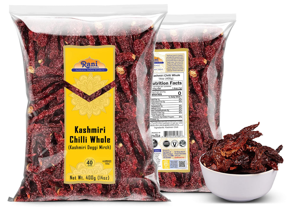 Rani Kashmiri Chilli Whole (Deggi Mirch, Low Heat) 14oz (400g) ~ Natural | Salt-Free | Vegan | No Colors | Gluten Friendly | NON-GMO | Kosher | Indian Origin