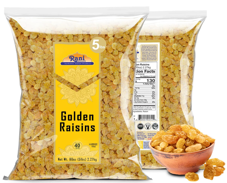 Rani Golden Raisins 80oz (5lbs) 2.27kg Bulk ~ All Natural | Gluten Fri Rani Brand Factory Store Rani Golden Raisins 80oz (5lbs) 2.27kg Bulk ~ All Natural | Gluten Fri Rani Brand Factory Store