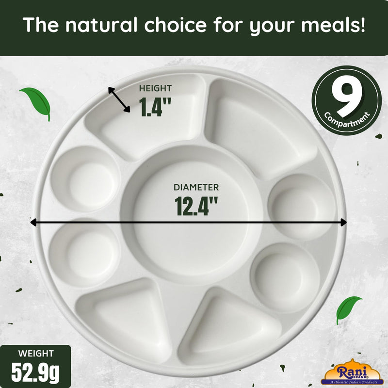 Rani 9 Compartment Round Biodegradable Divided Plates, Pack of 25 ~ Party, Thali, Buffet | Disposable & Eco-Friendly | Heavy-Duty Sturdy Paper Bagasse | Premium Quality | 12.44" Diameter 1.38" Height
