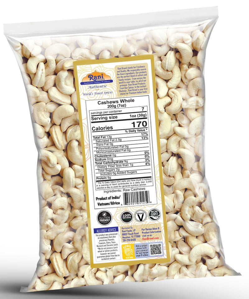 Rani Raw Cashews Whole (uncooked, unsalted) 7oz (200g) ~ All Natural, No Preservatives | Vegan | NON-GMO | Kosher | Gluten Friendly