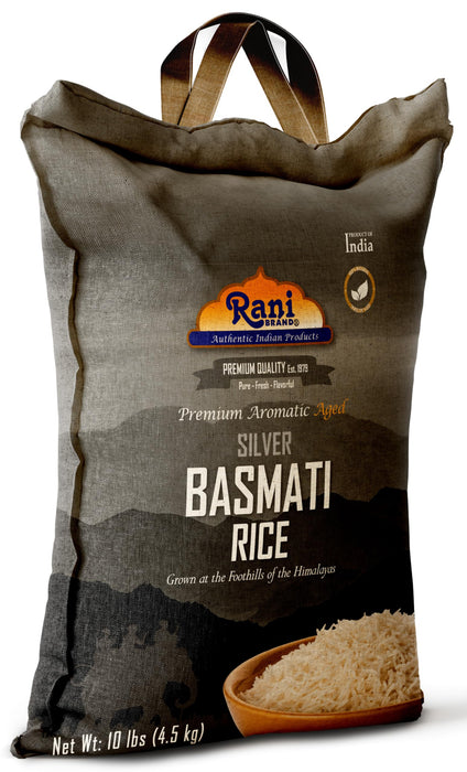 Rani Silver White Basmati Rice Extra Long Aged 10-Pound Bag, 160oz (10lbs) 4.53kg ~ All Natural | Gluten Friendly | Vegan | Indian Origin | Kosher | Export Quality