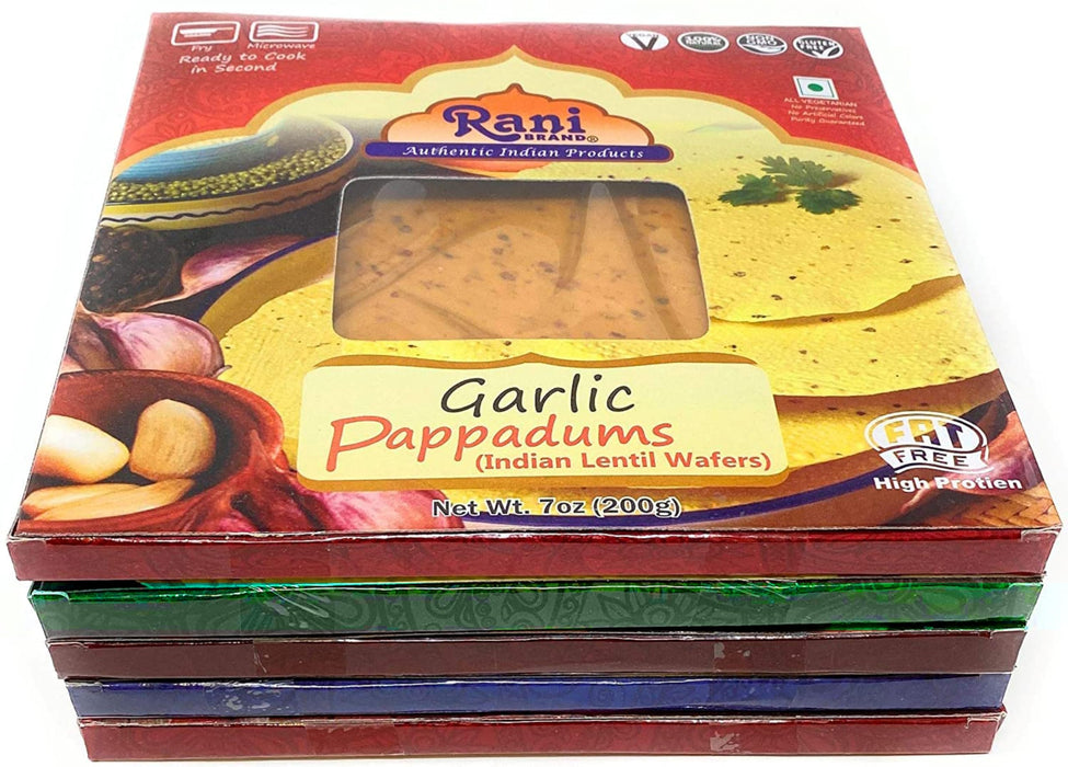 Rani Pappadums (Indian Lentil Wafer Snack) 5-Variety Papad Pack (Green Chilli, Garlic, Cumin, Extra Hot, Black Pepper) 7oz (200g) Approximately 15pc, 7 inches ~ All Natural | Gluten Friendly | NON-GMO