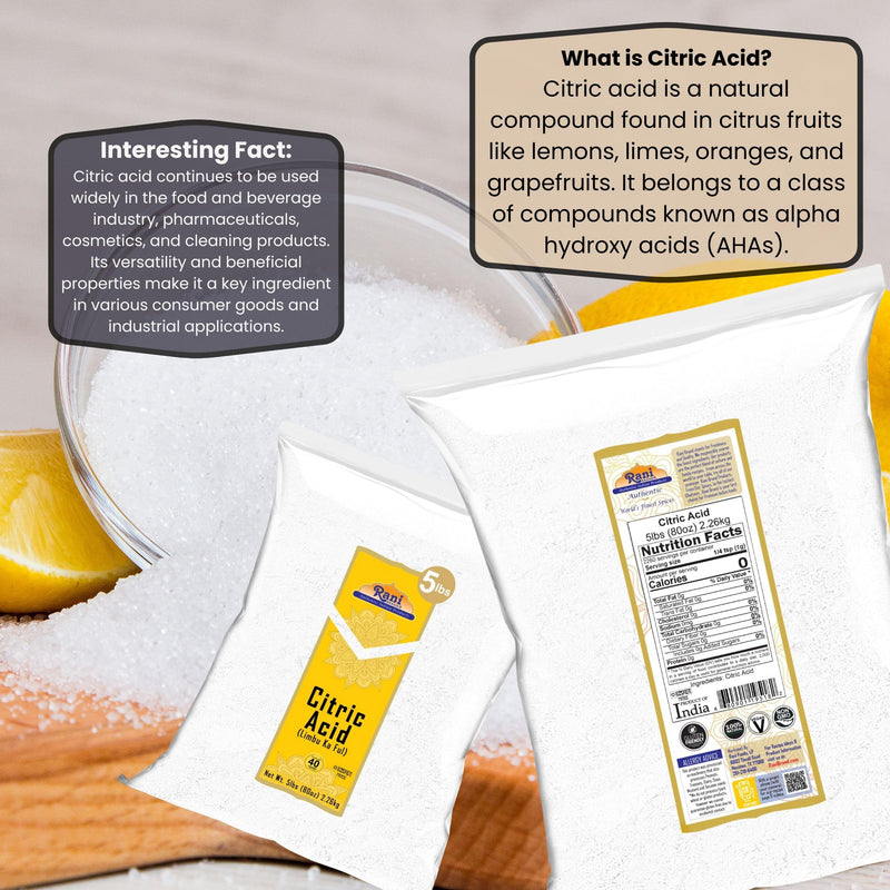 Rani Citric Acid Powder, Food Grade (Limbu Ka Ful) 80oz (5lbs) 2.27kg Bulk ~ Used for Cooking, Bath Bombs, Cleaning | Gluten Friendly | Kosher | Indian Origin