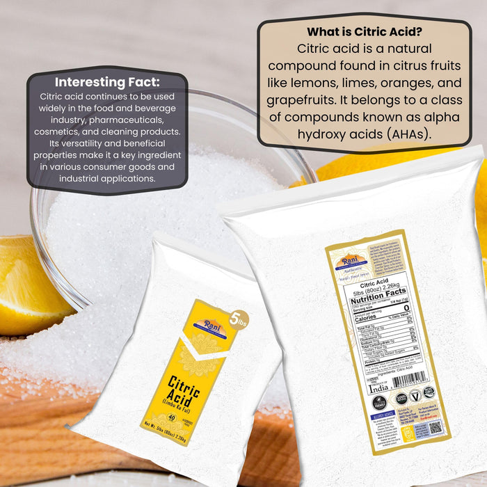Rani Citric Acid Powder, Food Grade (Limbu Ka Ful) 80oz (5lbs) 2.27kg Bulk ~ Used for Cooking, Bath Bombs, Cleaning | Gluten Friendly | Kosher | Indian Origin