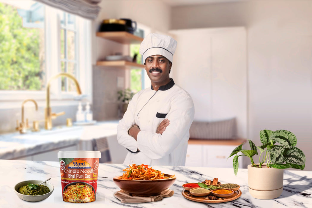 Rani Chinese Noodle Bhel Puri Cup (Spicy & Crunchy Indian Snack w/mouth watering Indian Chutneys) 3.5oz (100g), Pack of 6+1 FREE ~ Ready to Eat | Vegan | NON-GMO | Indian Origin