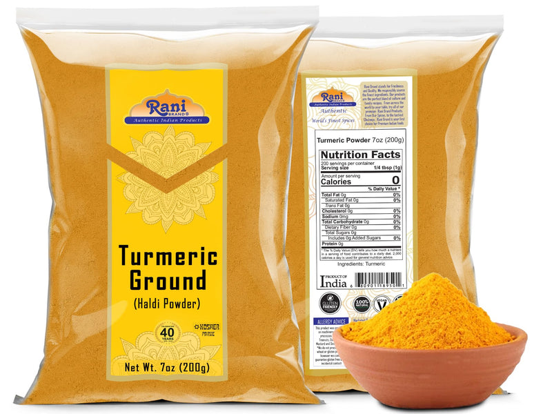 Rani Turmeric (Haldi) Root Powder Spice, (High Curcumin Content) 7oz (200g) ~ All Natural | 100% Pure, Salt Free | Vegan | Gluten Friendly | NON-GMO | Kosher