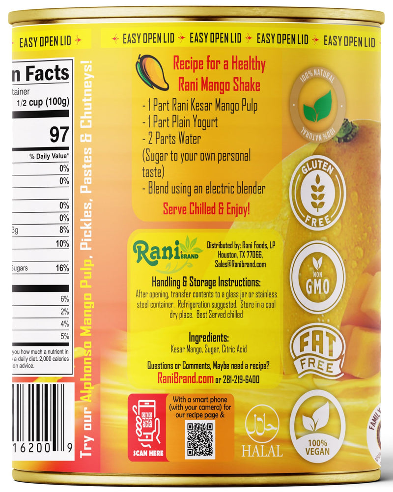 Rani Mango Pulp Puree (Makes Mango Lassi Shakes) Kesar Sweetened 30oz (1.875lbs) 850g ~ Kosher | All Natural | NON-GMO | Vegan | No colors | Gluten Friendly | Indian Origin