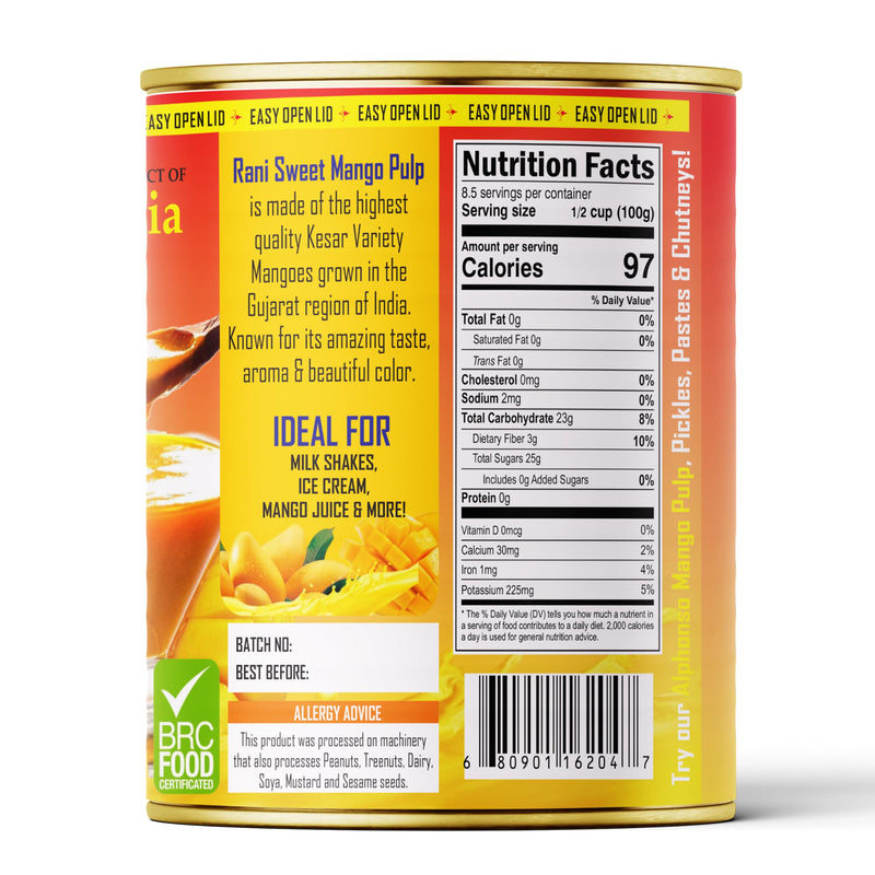 Rani Mango Pulp Puree (Makes Mango Lassi Shakes) Kesar Unsweetened 30oz (1.875lbs) 850g Pack of 6 ~ Kosher | All Natural | NON-GMO | Vegan | No colors | Gluten Friendly | Indian Origin