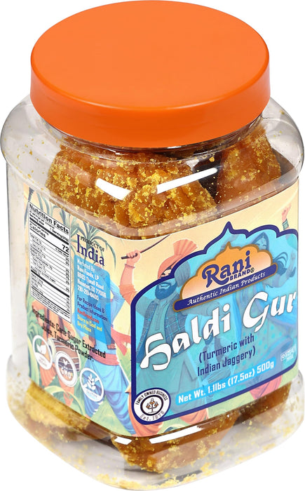 Rani Haldi Gur (Turmeric with Indian Jaggery) Indian Unrefined Raw Cane Sugar 17.5oz (1.1lbs) 500g PET Jar ~ Gluten Friendly | Vegan | NON-GMO | Kosher | No Salt or fillers | Indian Product